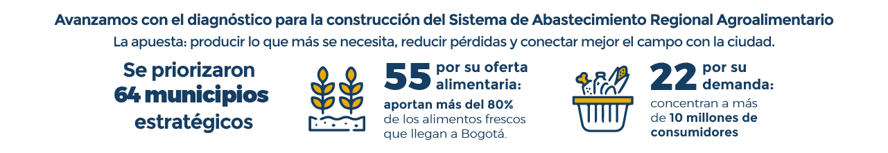 Diseño en el que se destacan las cifras relacionadas al diagnóstico para la construcción del Sistema de Abastecimiento Regional Agroalimentario. La imagen dice que se priorizaron 64 municipios estratégicos, 55 por su oferta alimentaria y 22 por su demanda