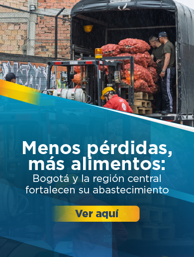 Banner en el que se muestra a tres hombres moviendo una carga de papa en un camión y que tiene el siguiente texto: menos pérdidas, más alimentos: Bogotá y la región central fortalecen su abastecimiento