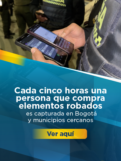 Banner que muestra dos teléfonos celulares en las manos de un policía y un título de la nota que dice: Cada cinco horas una persona que compra elementos robados es capturada en Bogotá y municipios cercanos. Clic aquí para abrir la noticia.