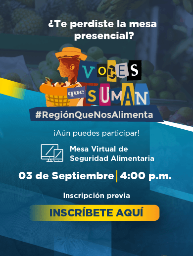Banner de convocatoria a la mesa temática virtual sobre seguridad alimentaria que se realizará el 4 de septiembre de 2025, la imagen invita a dar click para abrir el formulario de inscripción