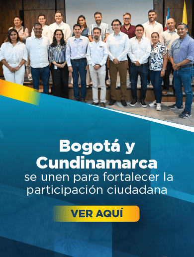 Banner en que muestra a varios funcionarios de distintas entidades públicas que firmaron un memorando de entendimiento para la participación ciudadana, el banner dice: Bogotá y Cundinamarca se unen para fortalecer la participación ciudadana, clic para ir a la noticia