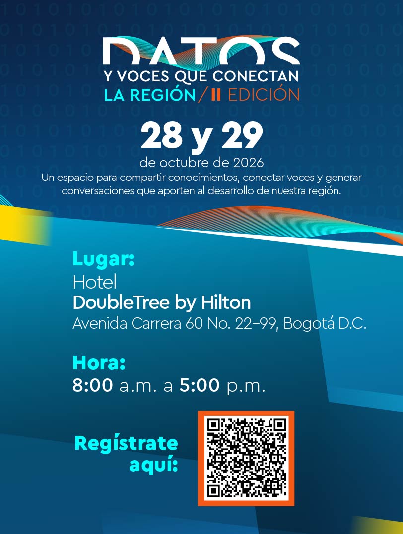Banner de invitación al evento Datos y voces que conecta la Región que se llevará a cabo los días 28 y 29 de octubre de 2026. El diseño invita a hacer clic para desplegar el formulario de inscripción.