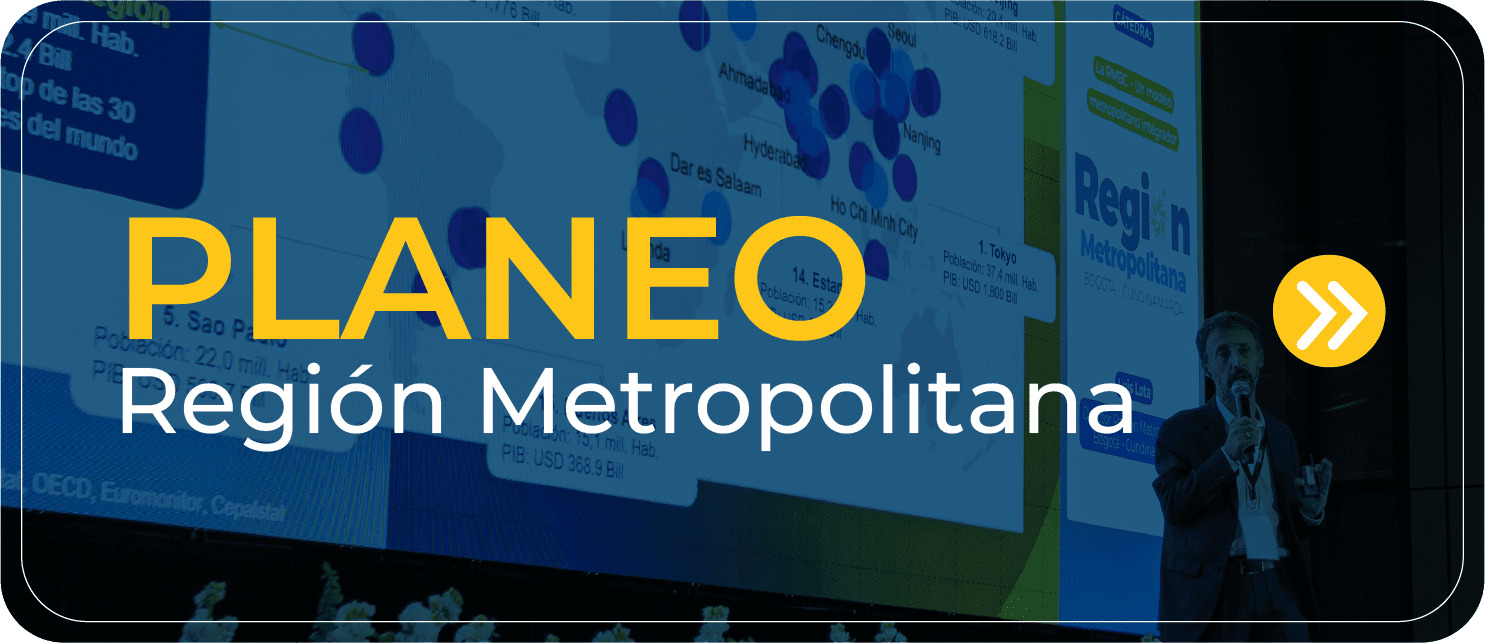 Diseño con el título Planeo Región Metropolitana, el cual, invita a hacer clic para desplegar el contenido interno del Plan Estratégico y de Ordenamiento de la Región Metropolitana