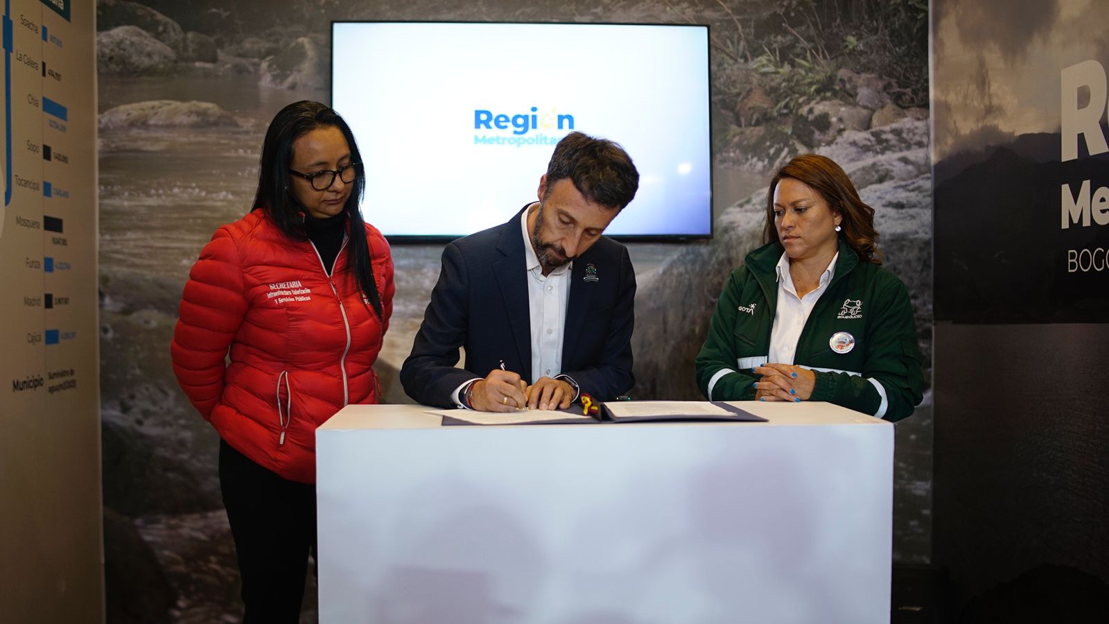 Fotografía en el que aparecen tres personas en la firma de un convenio para beneficiar a más de 40 mil personas en Soacha por medio de proyectos estratégicos en materia de acueducto y alcantarillado. El convenido fue firmado por funcionarios de la Alcaldía de Soacha, la Empresa de Acueducto y Alcantarillado de Bogotá y la Región Metropolitana Bogotá - Cundinamarca