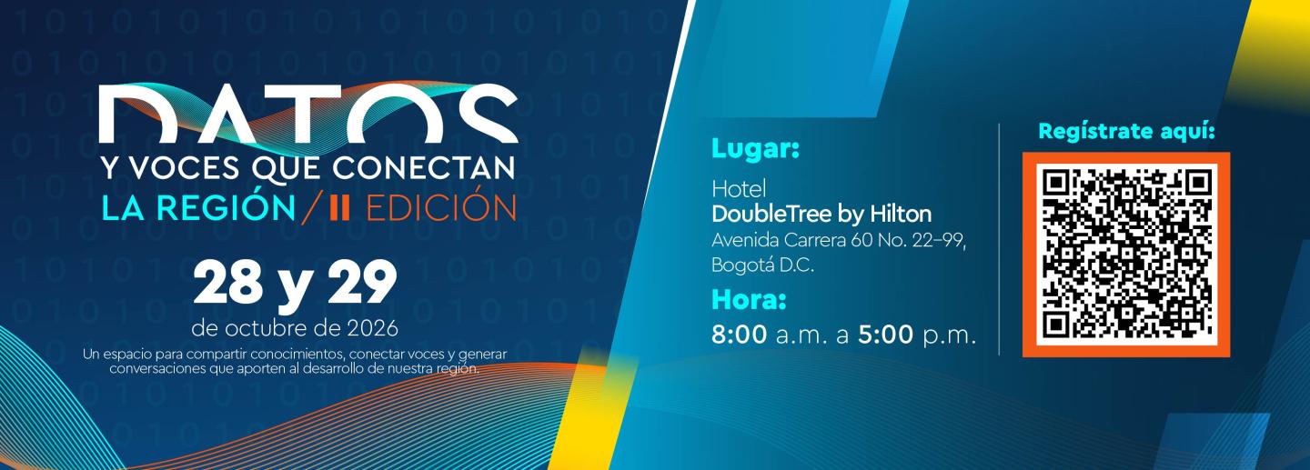 Banner de invitación al evento Datos y voces que conecta la Región que se llevará a cabo los días 28 y 29 de octubre de 2026. El diseño invita a hacer clic para desplegar el formulario de inscripción.