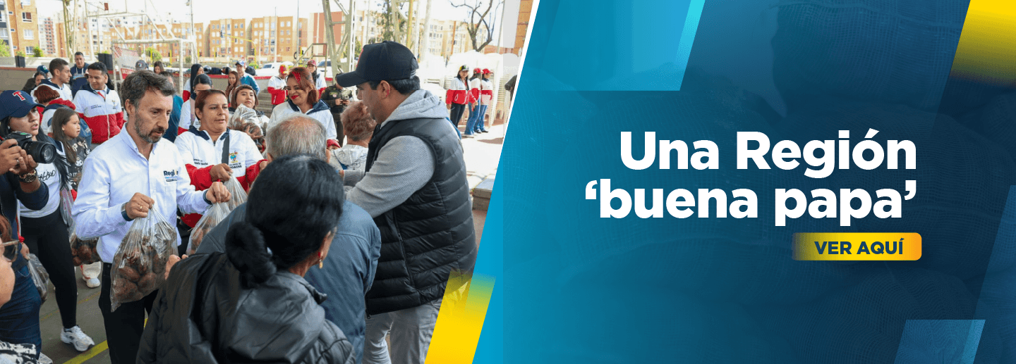banner muestra al director de la Región Metropolitana Bogotá Cundinamarca entregando papa a personas que asistieron a jornada de entrega de papa a la comunidades vulnerables de Soacha