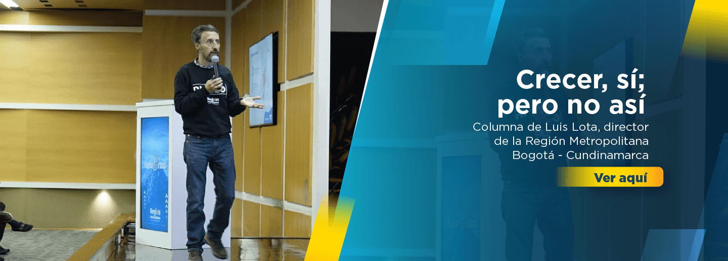 Diseño que muestra al director de la Región Metropolitana Bogotá - Cundinamarca, Luis Lota, durante la presentación de los resultados del estudio Huella Urbana