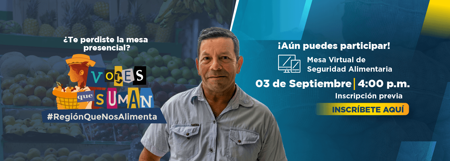 Banner de convocatoria a la mesa temática virtual sobre seguridad alimentaria que se realizará el 4 de septiembre de 2025, la imagen invita a dar click para abrir el formulario de inscripción
