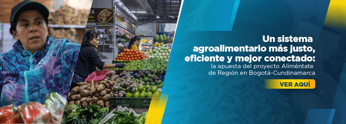 banner con una imagen de una mujer en un puesto de marcado en el que se aprecian en primer plano algunos pimentones y al borde un título que dice Un sistema agroalimentario más justo, eficiente y mejor conectado: la apuesta del proyecto Aliméntate de Región en Bogotá-Cundinamarca, clic para abrir la noticia