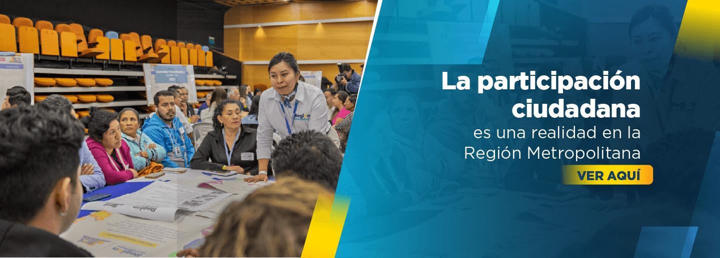 Banner muestra personas conversando alrededor de una mesa y en el costado derecho está el título Participación Ciudadana es una realidad en la Región Metropolitana